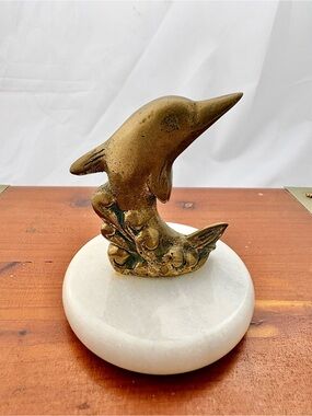 Brass Dolphin on a Marble Base- Mid century Decor Piece